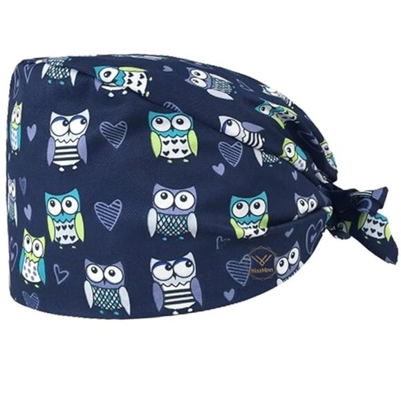 Scrub Cap Breathable Printed Owls & Hearts Tieback Nurses Hat for Workers Unisex - Picture 1 of 5